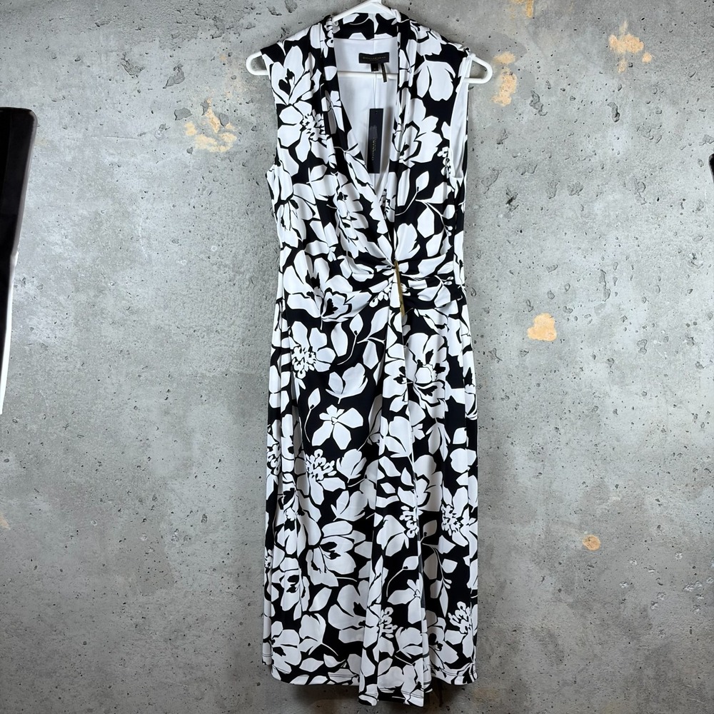 Donna Karan Womens 8 Black White Floral Knotted Front Cowl Neck Dress KA4A41L1